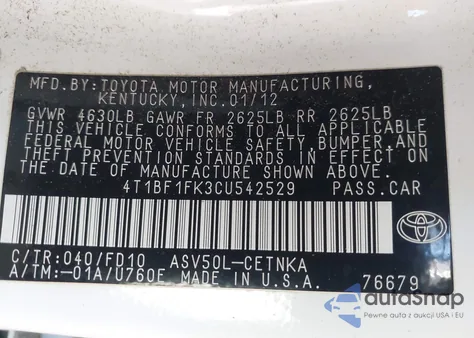 2012 Toyota Camry Le из США, поврежденный, VIN 4T1BF1FK3CU542529